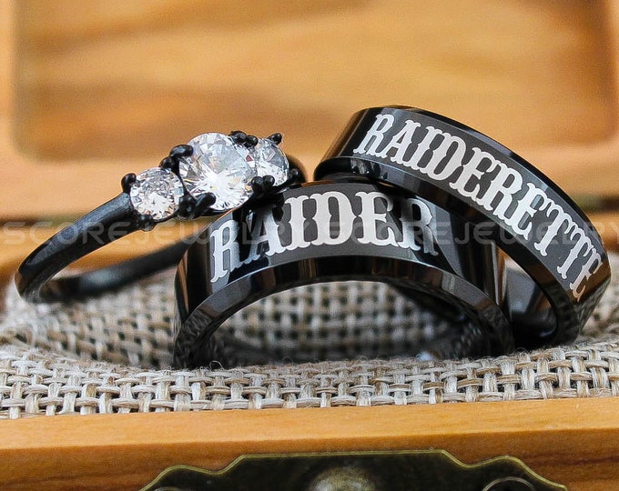 Raider Raiderette Rings, 3 Piece Couple Set Black Tungsten Rings with Beveled Edge, Raider Raiderette Nickname Rings, Black Wedding Rings