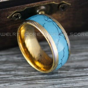 Turquoise Ring, Turquoise Wedding Band, 10mm 14K Yellow Gold Tungsten Band Turquoise Inlay and Damascus Steel Pattern, Turquoise Band