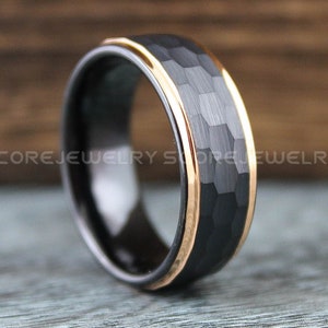 Hammered Ring, Hammered Wedding Ring, 8mm Black Tungsten Band with 14K Rose Gold Step Edge Hammered Finish, Black Tungsten Wedding Ring