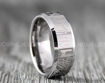 Vikingring, ring noordse, ring noormannen, ring noordse runen, zilveren wolfraamband met afgeschuinde rand, pas je tekst aan in noordse runen