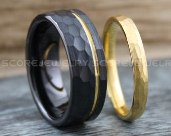 Hammered Ring, Black Hammered Ring, 2 Piece Couple Set Tungsten Bands, Matching Wedding Rings, Couple Ring Set, Gold Wedding Band, Gold Ring