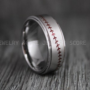 Baseball Ring, Baseball Jewelry, Baseball Wedding Ring, 8mm Deep Velvet Red Tungsten Band with Step Edge and Baseball Stitch Pattern