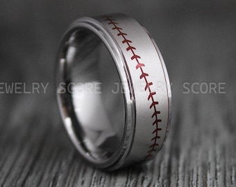 Baseball Ring, Baseball Jewelry, Baseball Wedding Ring, 8mm Deep Velvet Red Tungsten Band with Step Edge and Baseball Stitch Pattern