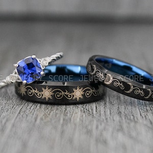 Anillos de sol y luna, anillos de boda de sol y luna, juego de 3 piezas para parejas, anillos de boda para parejas, alianzas de boda para parejas, anillos a juego, anillos para parejas