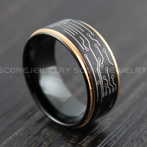 Platinen Ring, Gamer Ring, Wolfram Ehering schwarz mit Rosegold Stufe, Platine Wolfram Ehering