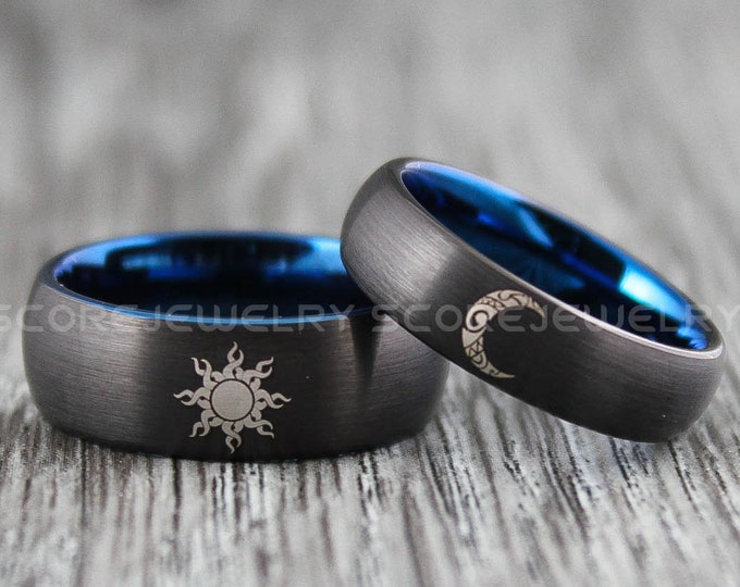 Sun and Moon Rings, 2 Piece Couple Set Black Tungsten Bands with Domed Edge and Blue Interior Tribal Sun and Moon Wedding Rings, Black Rings