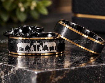Praying Cowboys Rings, Cowboys Rings, Black Tungsten Wedding Bands Tungsten Band Step Edge Praying Cowboy Praying Cowgirl Praying Horse Ring