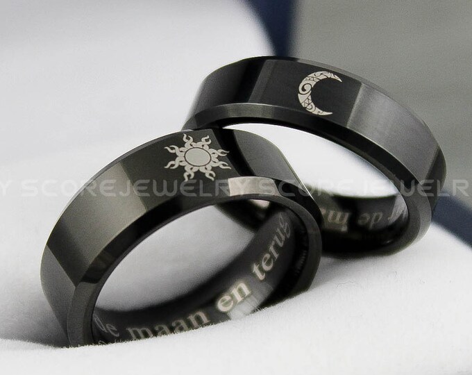 Sun and Moon Rings, 2 Piece Couple Set Tungsten Bands with Beveled Edge Tribal Sun and Moon Rings, Black Wedding Rings, Black Wedding Bands