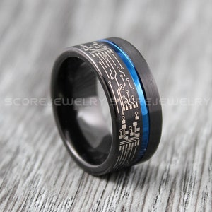 Platinen Ring, Gamer Ring 10mm Wolfram Ehering schwarz mit Flacher Kante Blau in der Mitte Nut Platine Wolfram Ehering