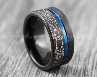 Circuit Board Ring, Gamer Ring, 10mm Black Tungsten Wedding Band with Flat Edge Blue Center Groove Circuit Board Black Tungsten Wedding Ring