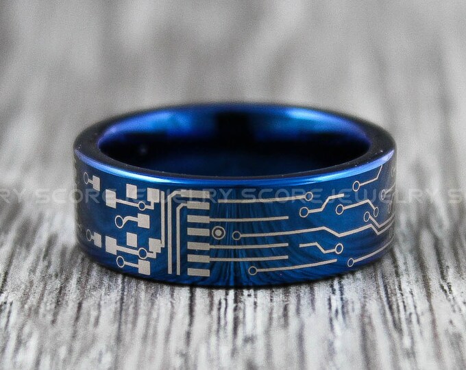 Circuit Board Ring, Gamer Ring, 8mm Blue Tungsten Band with Flat Edge Circuit Board Pattern Ring, 8mm Blue Tungsten Wedding Ring