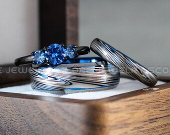 Damascus Steel Rings, Damascus Steel Wedding Rings, Damascus Steel Wedding Bands, Couple Ring Set, Damascus Steel Jewelry Blue Wedding Rings