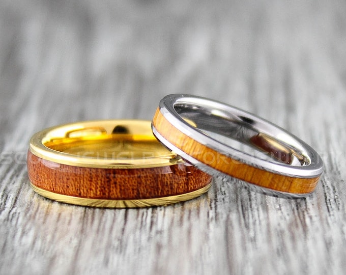 Wood Rings, Wood Wedding Rings, 2 Piece Couple Set 14k Yellow Gold Tungsten Bands Domed Edge and Redwood Inlay Silver Tungsten Wedding Rings
