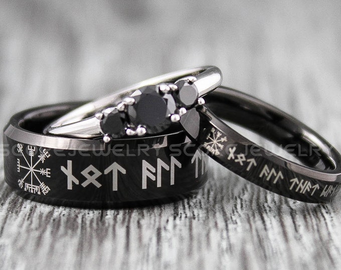 Viking Ring, Couple Set Nordic Ring, Norsemen Ring, Nordic Runes Ring Black Tungsten Band Customize Your Text in Nordic Runes Laser Engraved