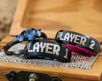 Gamer Rings, Player 1 Player 2 Rings, 3 Piece Couple Set Tungsten Bands with Domed Edge 3mm .925 Sterling Silver Three Stone Engagement Ring