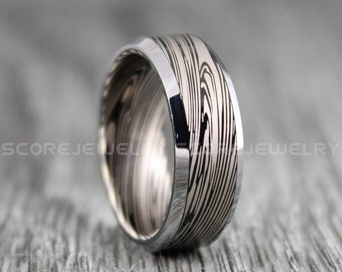 Damascus Steel Ring, 8mm Black Tungsten Band with Beveled Edge Damascus Steel Pattern Laser Engraved Black Tungsten Wedding Ring