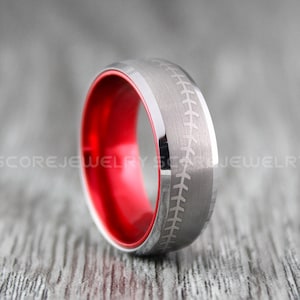 Baseball Ring, Baseball Jewelry, Silver Tungsten Band Domed Edge Brushed Finish Red Interior Baseball Stitch Pattern Laser Engraved