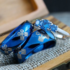 Mechanic Rings, Pistons Rings, Mechanic Rings, Engine Rings, 3 Piece Couple Set Blue Tungsten Bands, Engine Pistons Ring, Blue Tungsten Ring