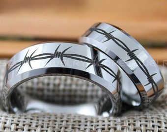 Stacheldraht Ringe, 2 Stück Paar Silber Wolframbänder mit Abgeschrägter Kante Stacheldraht Muster, 8 mm & 6 mm Ringe, Silber Eheringe