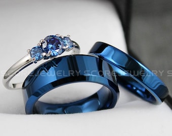 Couple Wedding Rings Set, Piece Couple Set 8mm 4mm Blue