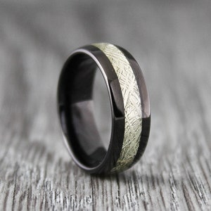 Meteorite Ring, Meteor Ring, 8mm Black Tungsten Band with Imitation Meteorite Texture Inlay, Black Tungsten Wedding Ring, Black Wedding Band