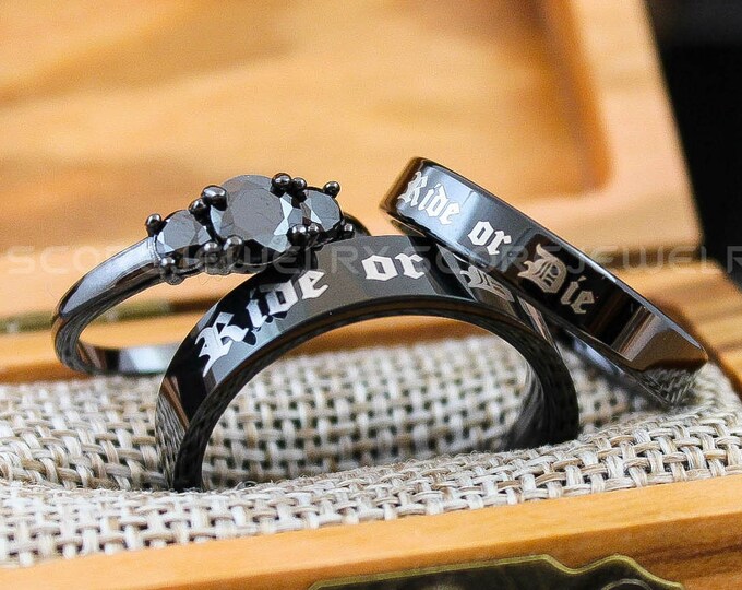 Ride or Die Rings, Ride or Die Wedding Rings, 3 Piece Couple Set Black Tungsten Bands, 3mm .925 Sterling Silver Three Stone Engagement Ring