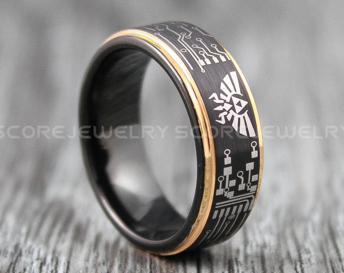 Circuit Board Ring, Gamer Ring, Black Tungsten Wedding Band with Rose Gold Step Edge, Circuit Board Black Tungsten Wedding Ring