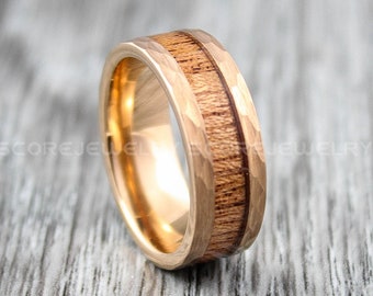 Wood Ring, 8mm 14K Rose Gold Tungsten Band with Hammered Finish and Genuine Redwood Inlay, 14K Rose Gold Tungsten Wedding Ring