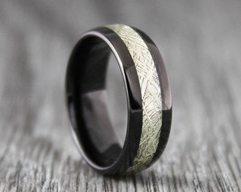 Meteoritenring, Meteorring, schwarzes Wolframband mit Imitation Meteoriten-Textur Inlay, schwarzer Wolframring, Ehering schwarz