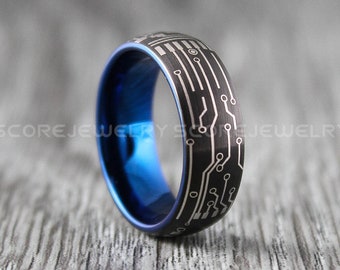 Circuit Board Ring, 8mm Black Tungsten Band with Domed Edge Circuit Board Pattern, 8mm Black Tungsten Wedding Ring, Teacher Ring, Gamer Ring