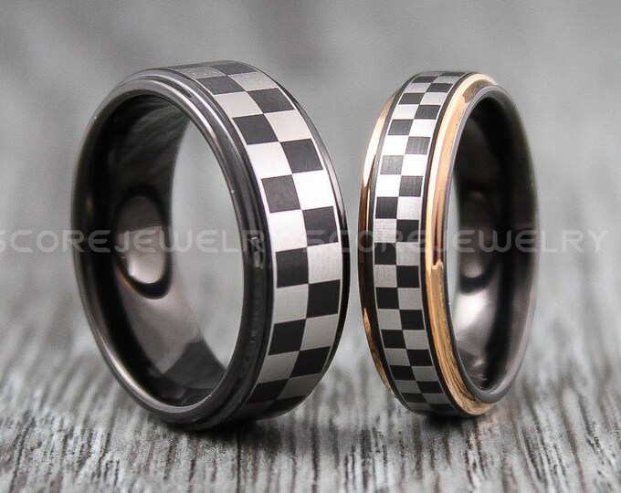 Checkered Flag Rings, 2 Piece Couple Set Black Tungsten Wedding Bands Step Edge Checkered Flag Rings, Racing Flag Pattern Black Wedding Ring