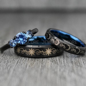 Sun and Moon Rings, Sun and Moon Wedding Rings, 3 Piece Couple Set, Couple Wedding Rings, Couple Wedding Bands, Matching Rings, Couple Rings