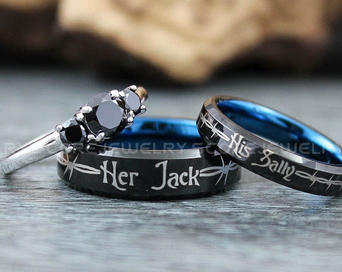 Jack and Sally Rings, 3 Piece Couple Set Black Tungsten Bands with Blue Interior, Her Jack His Sally Rings, Jack and Sally Wedding Rings