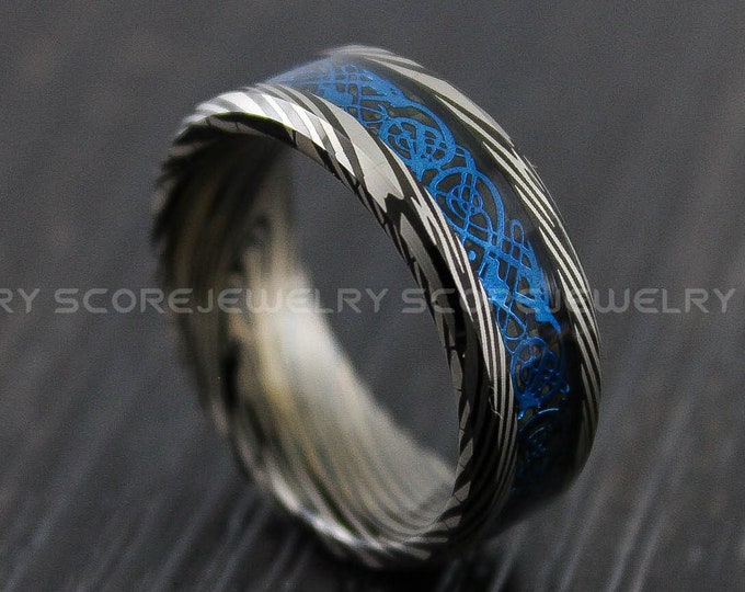 Damascus Steel Ring, Damascus Steel Wedding Band, Black Tungsten Band with Black Center Carbon Fiber and Blue Dragon Inlay, Damascus Ring