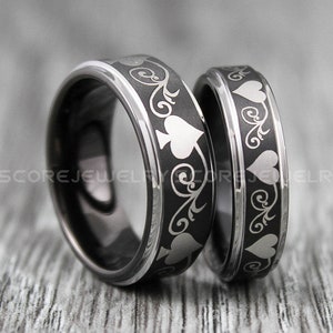 Ace of Spades Ring, Poker Ring 2 Piece Couple Set Black Tungsten Bands Flat Edge Ace of Spades Card Suit Pattern Black Tungsten Wedding Ring