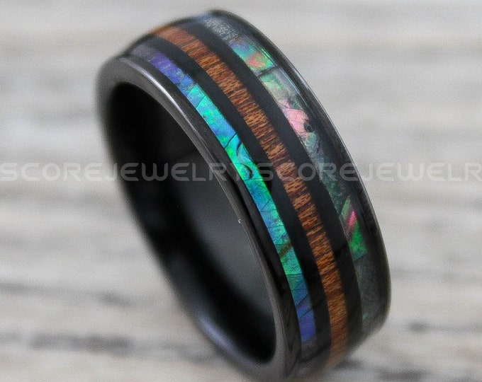 Abalone Shell Ring, Koa Wood Ring, 8mm Black Tungsten Wedding Band with Domed Edge Koa Wood and Abalone Center Inlay, Koa Wood Ring