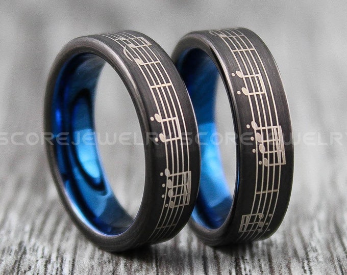 Music Ring, Music Sheet Ring, Music Jewelry, 2 Piece Couple Set Tungsten Bands with Flat Edge Customize Any Music Sheet Laser Engraved