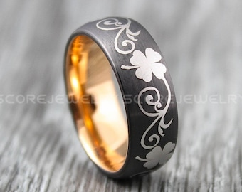 Irish Ring, Clover Ring, Shamrock Ring, Irish Jewelry, Gunmetal Tungsten Band Domed Edge Celtic Ring, St. Patrick's Day Gift, Ireland Ring