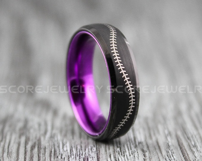 Baseball Ring, Baseball Wedding Band, Purple Wedding Ring, Black Tungsten Wedding Band, Baseball Stitch Ring, Tungsten Wedding Ring