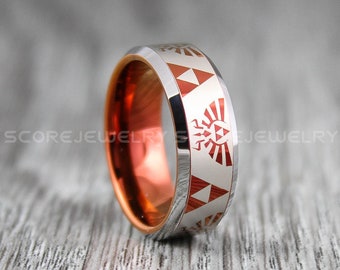 Zelda Ring 8mm Red Tungsten Gamer Ring Gamer Ring 8mm Deep Velvet Red Tungsten Band with Beveled Edge Zelda Triforce Inspired Pattern
