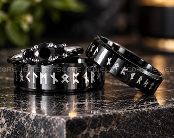 Til Valhalla Collection™, Viking Rings, Nordic Rings, Couple Wedding Bands, Norsemen Rings, Nordic Runes Ring, Vikings Black Tungsten Bands