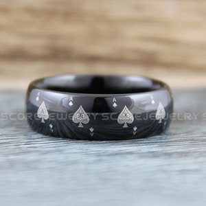 Ace of Spades Ring, Poker Ring, 8mm Black Tungsten Band with Domed Edge Ace of Spades Card Suit Pattern, 8mm Black Tungsten Ring, Poker Band