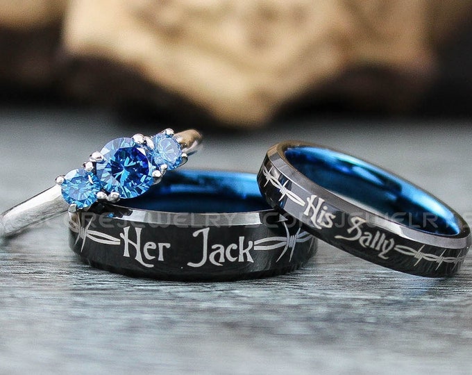 Jack and Sally Rings, 3 Piece Couple Set Black Tungsten Bands with Blue Interior, Her Jack His Sally Rings, Jack and Sally Wedding Rings