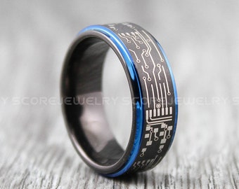 FREE SHIPPING FREE Custom Engraving Black Tungsten Band with Blue Step Edge Circuit Board Pattern Ring 8mm Black Tungsten Wedding Ring