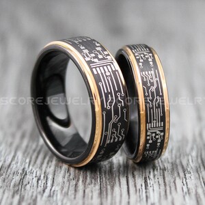 Platinenringe, Gamer Ringe, Paar Set Schwarz Wolfram Eheringe Rosegold Stufe Kante, Platine Schwarz Wolfram Eheringe