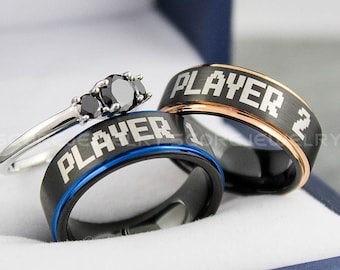 Gamer Rings, Player 1 Player 2 Rings, 3 Piece Couple Set Tungsten Bands with Step Edge 3mm .925 Sterling Silver Three Stone Engagement Ring