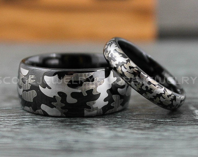 Camo Rings, Camouflage Rings, Camo Jewelry 2 Piece Couple Set Black Tungsten Rings Domed Edge Camouflage Pattern Black Camo Rings Army Rings