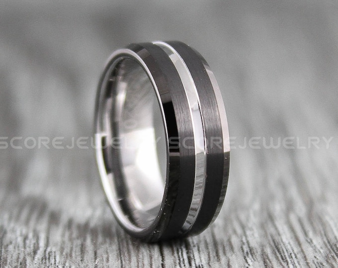 Black Tungsten Wedding Bands, Black Tungsten Ring with Beveled Edge and Brushed Finish Silver Center Groove, Black Wedding Rings