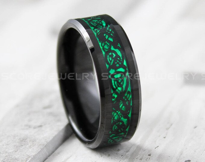Black Wedding Ring, 8mm Black Tungsten Band with Green Center Carbon Fiber Dragon Inlay Pattern Black Tungsten Wedding Ring Green Inlay Ring