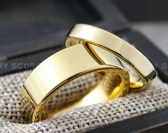 Gold Wedding Rings, Gold Wedding Bands, 14K Yellow Gold Tungsten Rings, Yellow Gold Tungsten Wedding Bands, 2 Piece Couple Set, Couple Rings